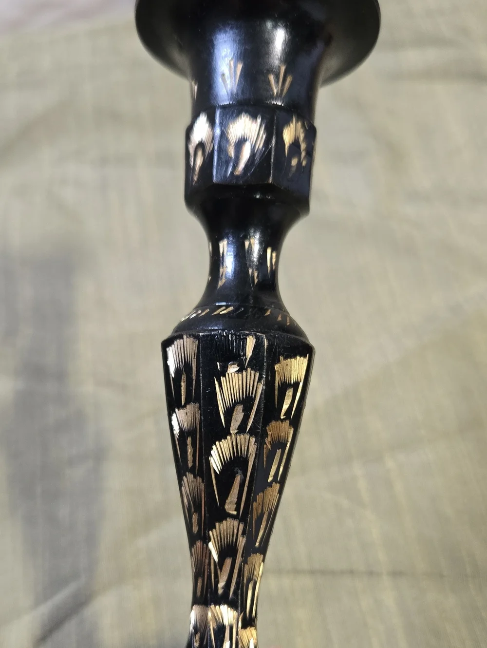 Black and Gold Floral Metal Vase and Two Candle Holder Set